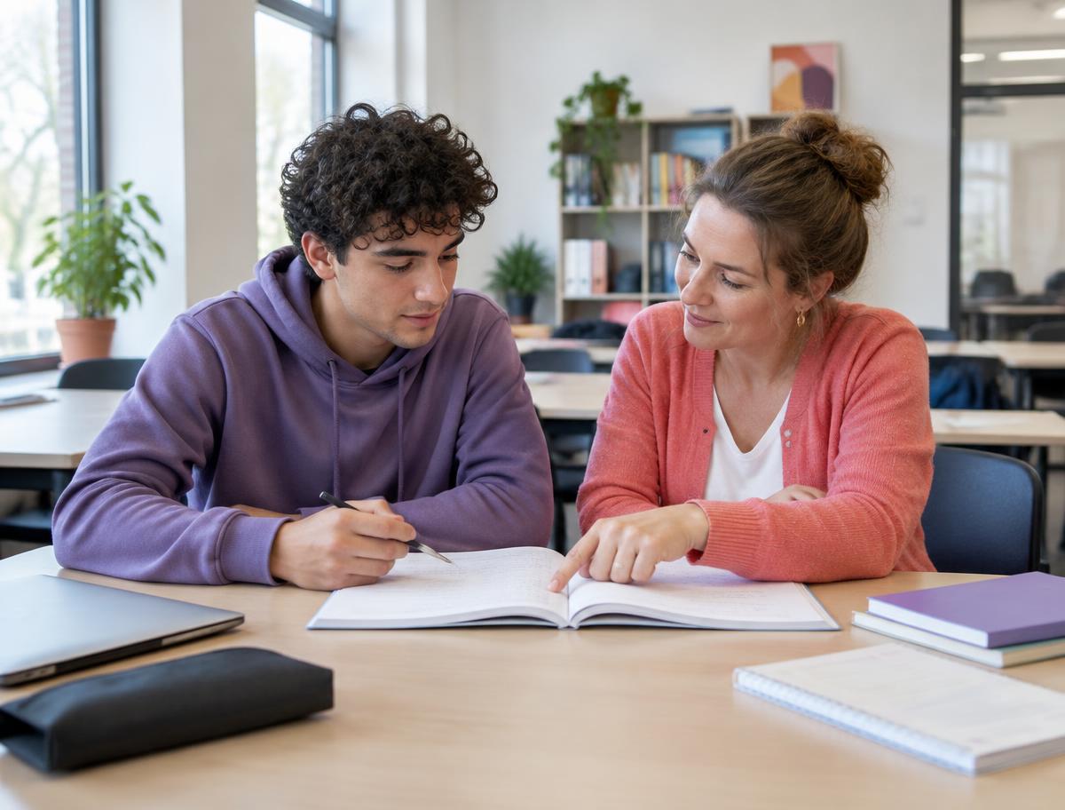 Een jongere werkt met een begeleider aan een schoolopdracht.