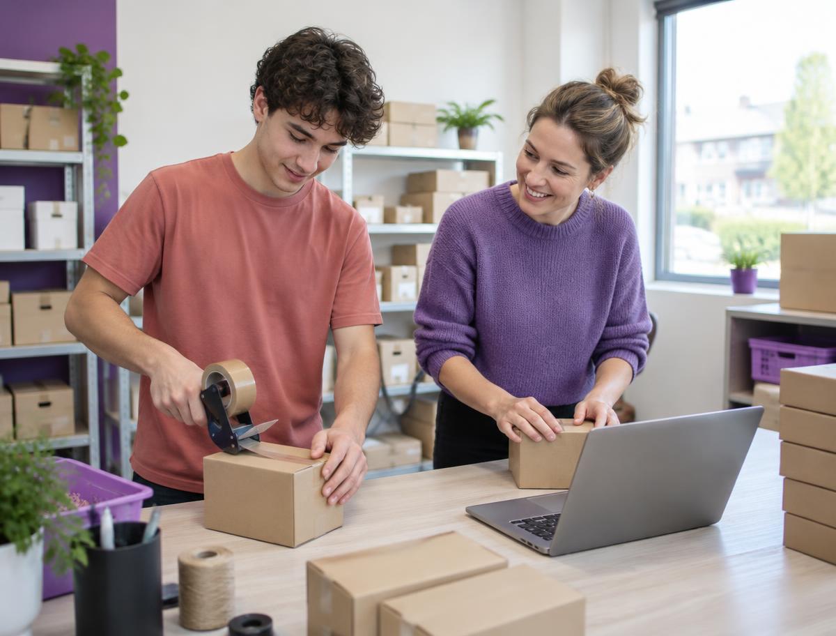 Een jongere en een collega pakken samen bestellingen in.